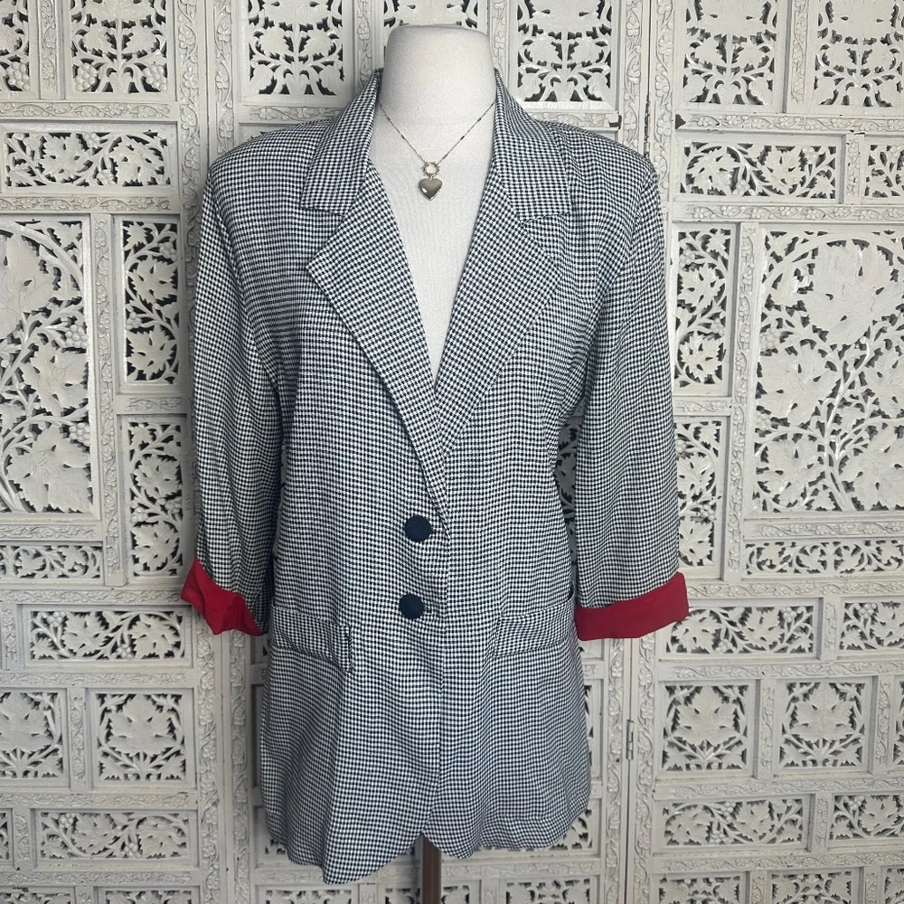 Vintage Black‎ & White Gingham 3/4 Sleeve Shoulder Pad Lightweight Career Blazer